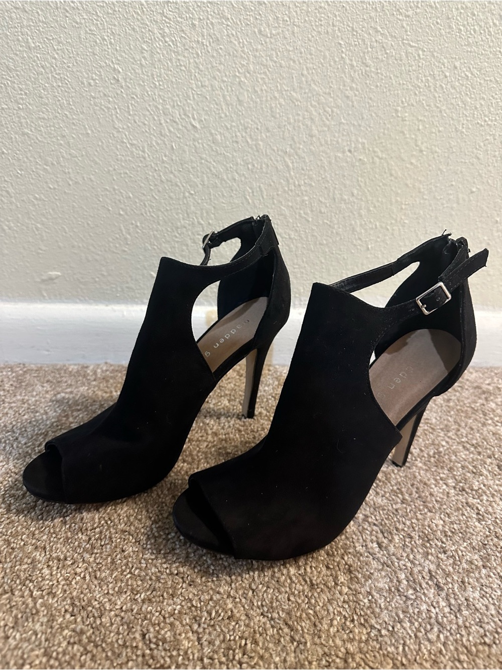 Madden Girl Black Open-Toe Ankle Strap Suede Stilettos